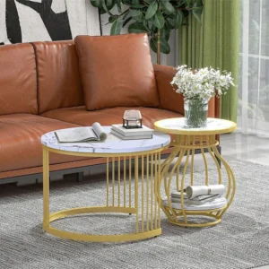 Set van 2 ronde bijzettafels - fineer met marmerpatroon - metalen structuur - Wit en goud ModernLuxe