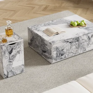 Set van 2 salontafels - MDF - met marmerpatroon - Wit ModernLuxe