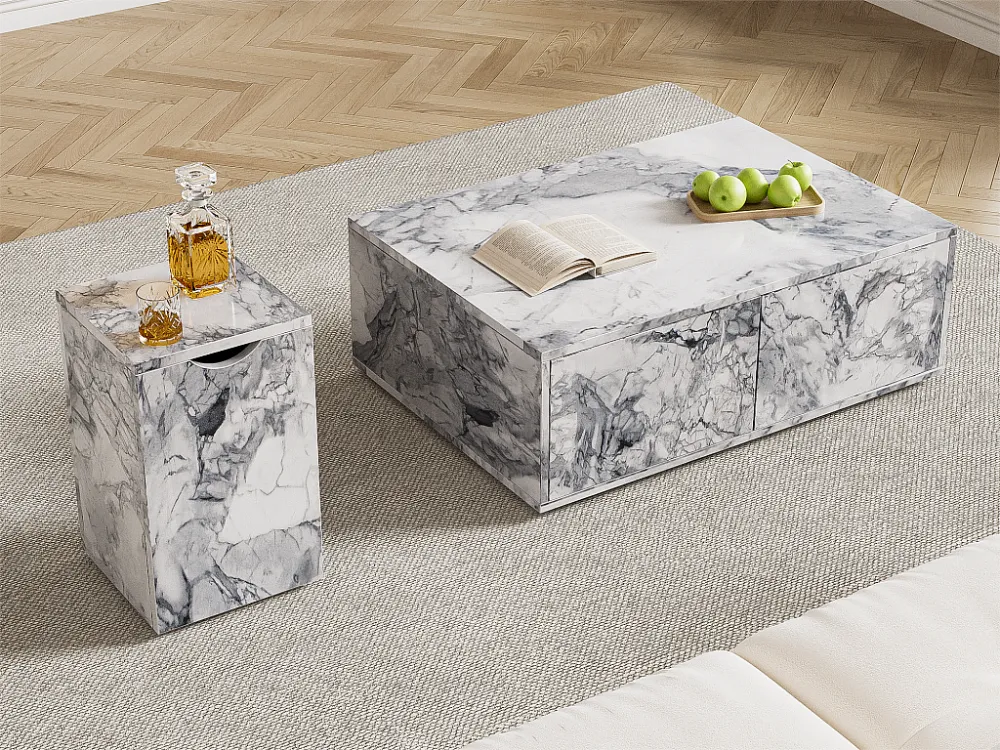 Set van 2 salontafels - MDF - met marmerpatroon - Wit ModernLuxe