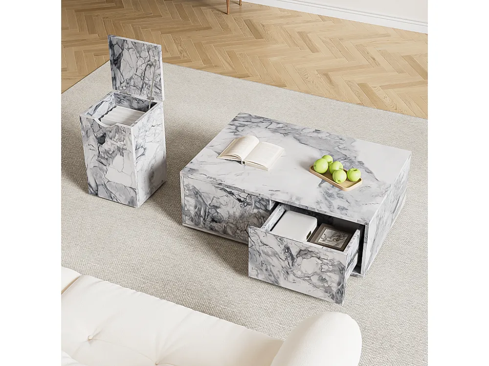 Set van 2 salontafels - MDF - met marmerpatroon - Wit ModernLuxe