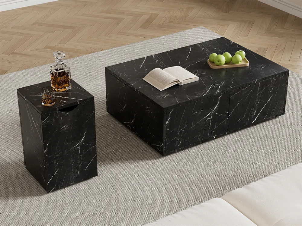 Set van 2 salontafels - MDF - met marmerpatroon - Zwart ModernLuxe