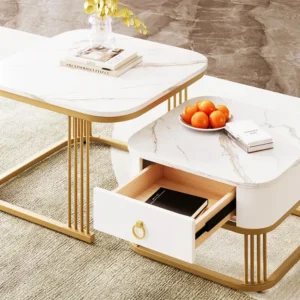 Set van 2 salontafels met één lade - glanzende marmerlook - Wit ModernLuxe
