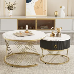 Set van 2 salontafels met één lade - MDF-blad met marmerpatroon - Wit ModernLuxe