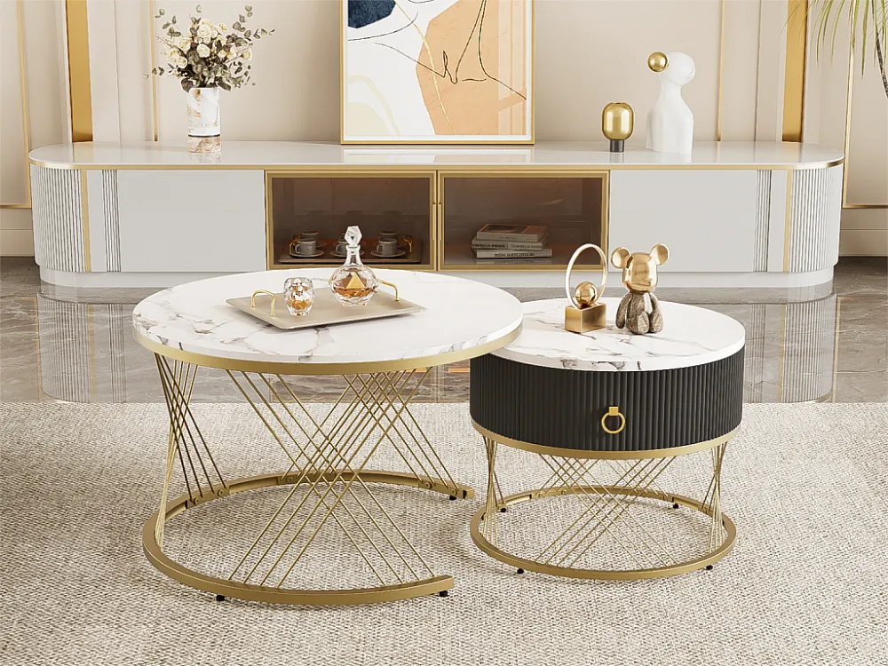 Set van 2 salontafels met één lade - MDF-blad met marmerpatroon - Wit ModernLuxe