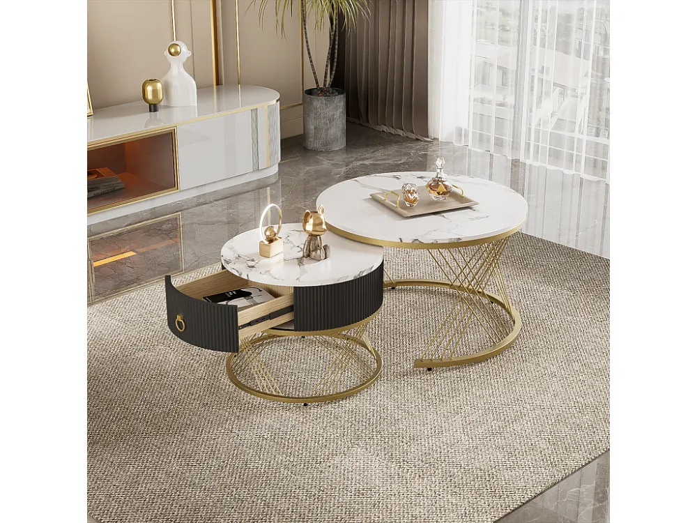 Set van 2 salontafels met één lade - MDF-blad met marmerpatroon - Wit ModernLuxe