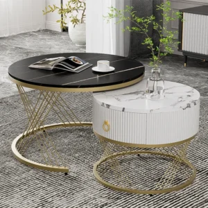Set van 2 salontafels met één lade - MDF-blad met marmerpatroon - Zwart ModernLuxe