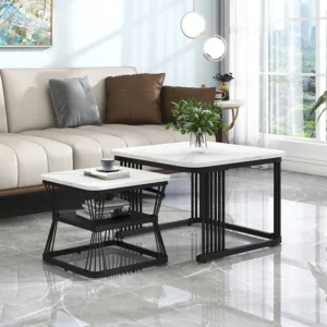 Salontafel set van 2 - vierkante bijzettafel met open diagonale plank - marmeren patroon houten blad en glad metalen frame...