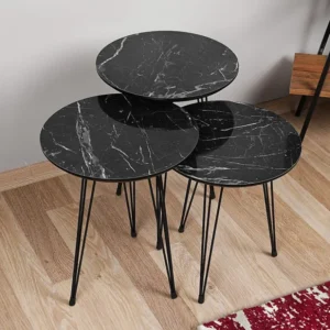 Set 3 uitschuifbare bijzettafels - Metaal en MDF - Zwart marmer effect - Koop nu online