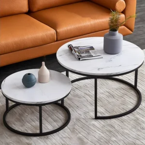 Set van 2 bijzettafels - wit marmer met zwart metalen frame - ronde bijzettafel - moderne woonkamertafel, woonkamertafels...