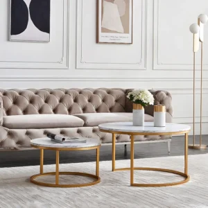 Set van 2 bijzettafels - wit marmer met gouden metalen structuur - ronde bijzettafel - moderne woonkamertafel, woonkamerta...