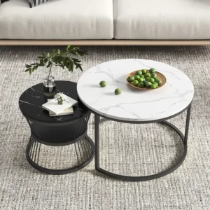 Set van 2 moderne ronde salontafels - salontafel - woonkamertafel - metalen frame - marmeren fineer - bijzettafel - voor w...