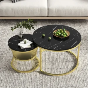 Set van 2 moderne ronde salontafels - salontafel - woonkamertafel - metalen frame - marmeren fineer - bijzettafel - voor w...