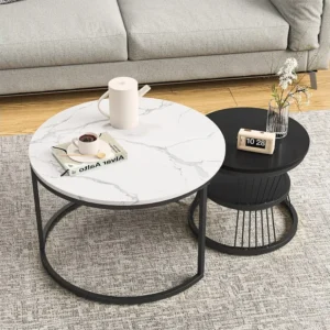 Set van 2 moderne ronde salontafels - salontafel - woonkamertafel - metalen frame - marmeren fineer - bijzettafel - voor w...