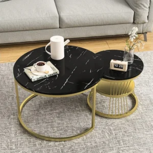 Set van 2 moderne ronde salontafels - salontafel - woonkamertafel - metalen frame - marmeren fineer - bijzettafel - voor w...