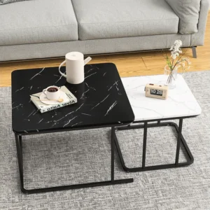 Set van 2 moderne vierkante salontafels met marmeren fineer - metalen frame - voor woonkamer, balkon en kantoor - woonkame...