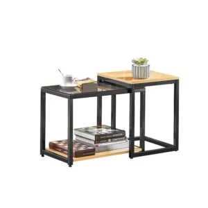 SoBuy FBT35-SCH set van 2 salontafels bijzettafels - natuurlook - metaal - Glas