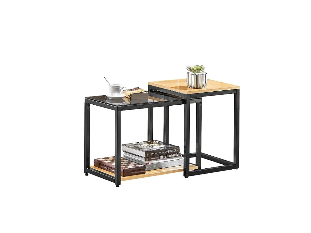 SoBuy FBT35-SCH set van 2 salontafels bijzettafels - natuurlook - metaal - Glas