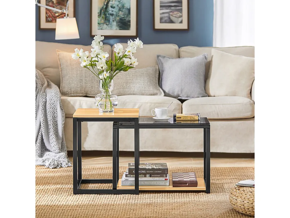 SoBuy FBT35-SCH set van 2 salontafels bijzettafels - natuurlook - metaal - Glas