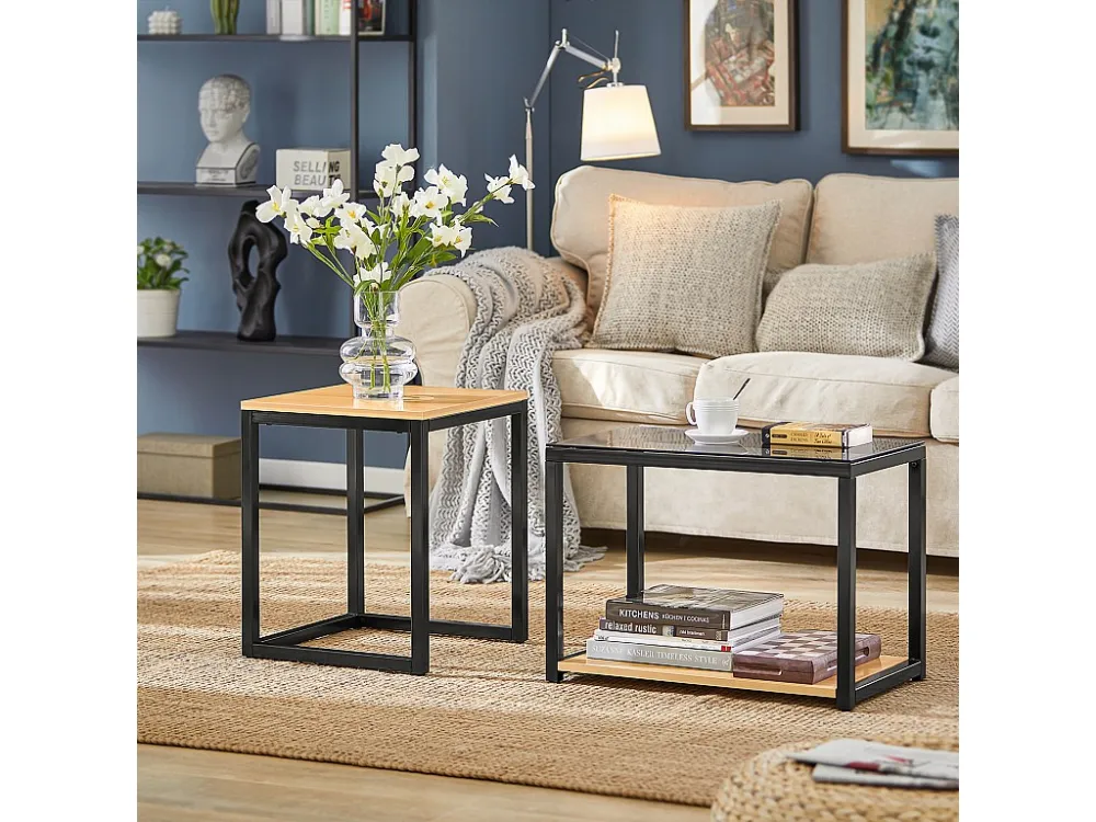 SoBuy FBT35-SCH set van 2 salontafels bijzettafels - natuurlook - metaal - Glas