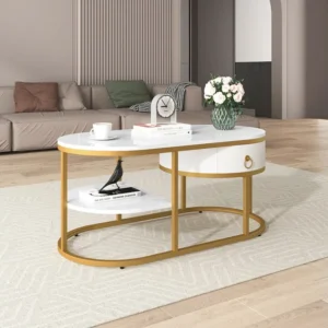 Table basse Blanc Or 100x50x45cm, table basse plateau en marbre avec structure en fer doré, avec tiroirs et étagères