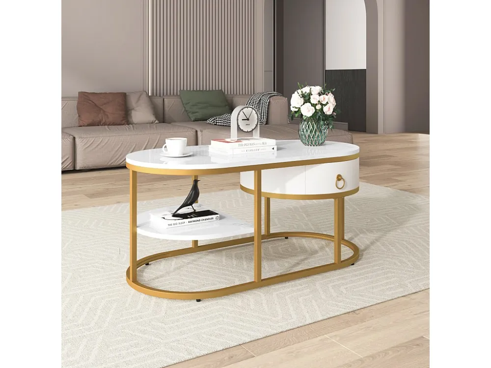 Table basse Blanc Or 100x50x45cm, table basse plateau en marbre avec structure en fer doré, avec tiroirs et étagères