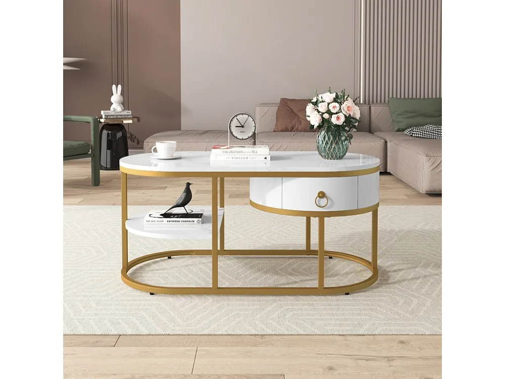 Table basse Blanc Or 100x50x45cm, table basse plateau en marbre avec structure en fer doré, avec tiroirs et étagères