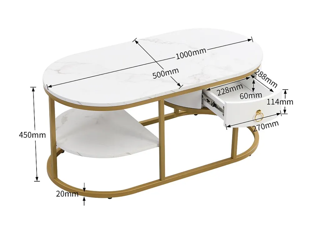 Table basse Blanc Or 100x50x45cm, table basse plateau en marbre avec structure en fer doré, avec tiroirs et étagères