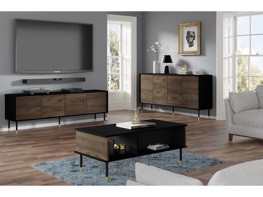 Salontafel SHERWOOD 110x55 cm gefreesd op poten mat zwart / catania-eik Homlando