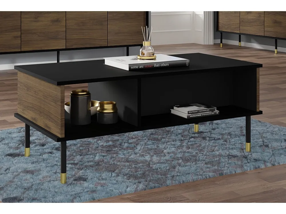 Salontafel SHERWOOD 110x55 cm gefreesd op poten mat zwart / catania-eik Homlando