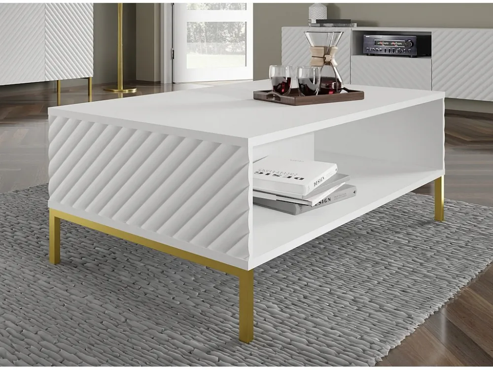Salontafel SURF 90x60 cm gefreesd wit mat metalen poten goudkleur Homlando