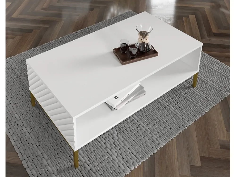 Salontafel SURF 90x60 cm gefreesd wit mat metalen poten goudkleur Homlando