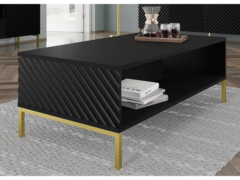 Salontafel SURF 90x60 cm gefreesd zwart mat metalen poten goudkleur Homlando