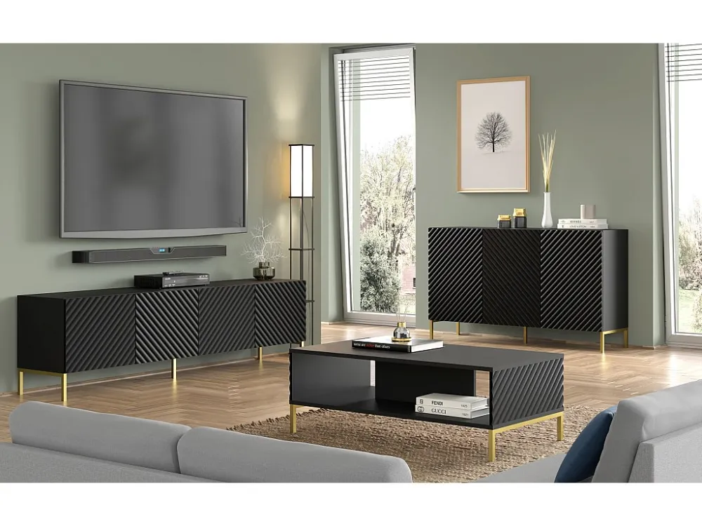 Salontafel SURF 90x60 cm gefreesd zwart mat metalen poten goudkleur Homlando