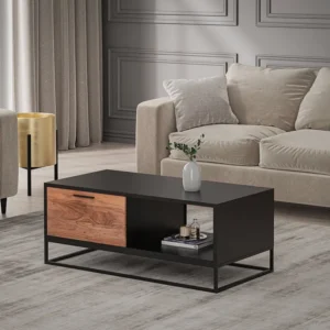 Industriële salontafel met lade van acaciahout en metaal - Naturel en zwart - ALYONA