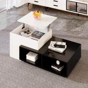 Lot de 2 table basse gigogne, avec fonction de levage, compartiments de rangement, 59, 5x43x50+90x60x28cm noir et blanc