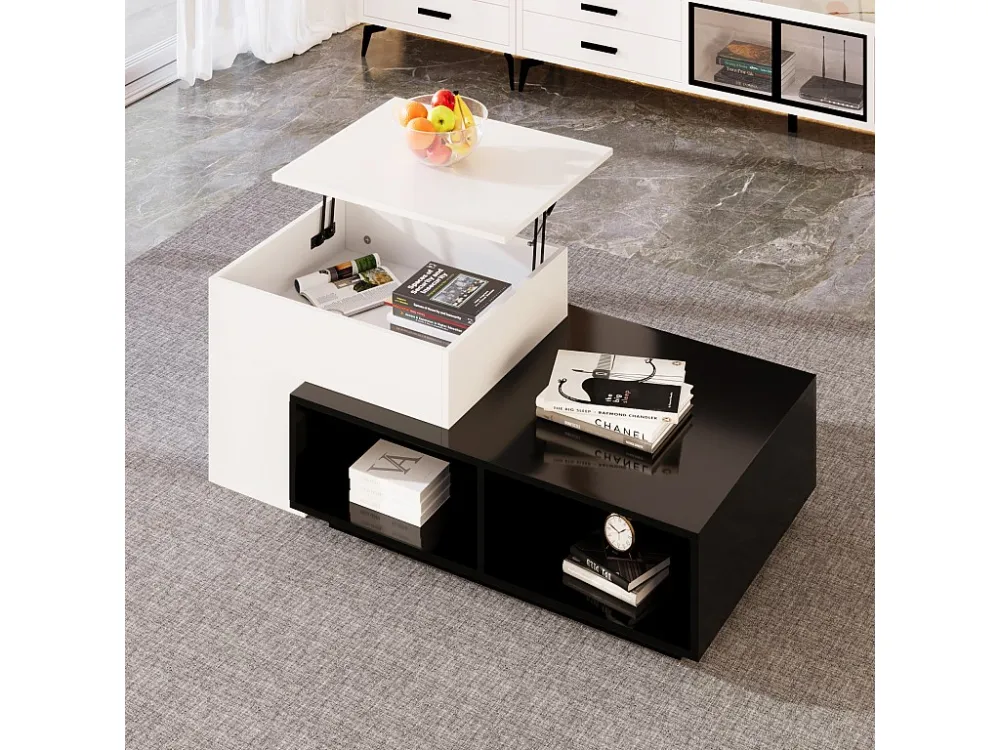 Lot de 2 table basse gigogne, avec fonction de levage, compartiments de rangement, 59, 5x43x50+90x60x28cm noir et blanc