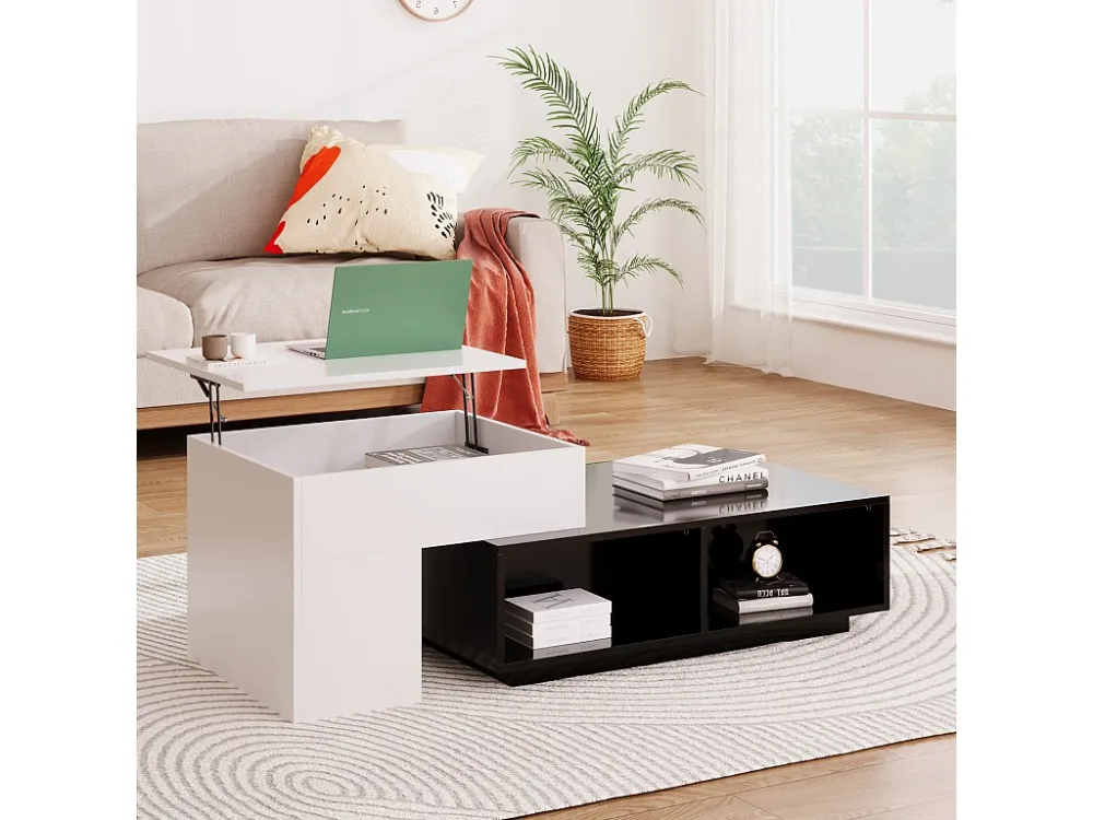 Lot de 2 table basse gigogne, avec fonction de levage, compartiments de rangement, 59, 5x43x50+90x60x28cm noir et blanc
