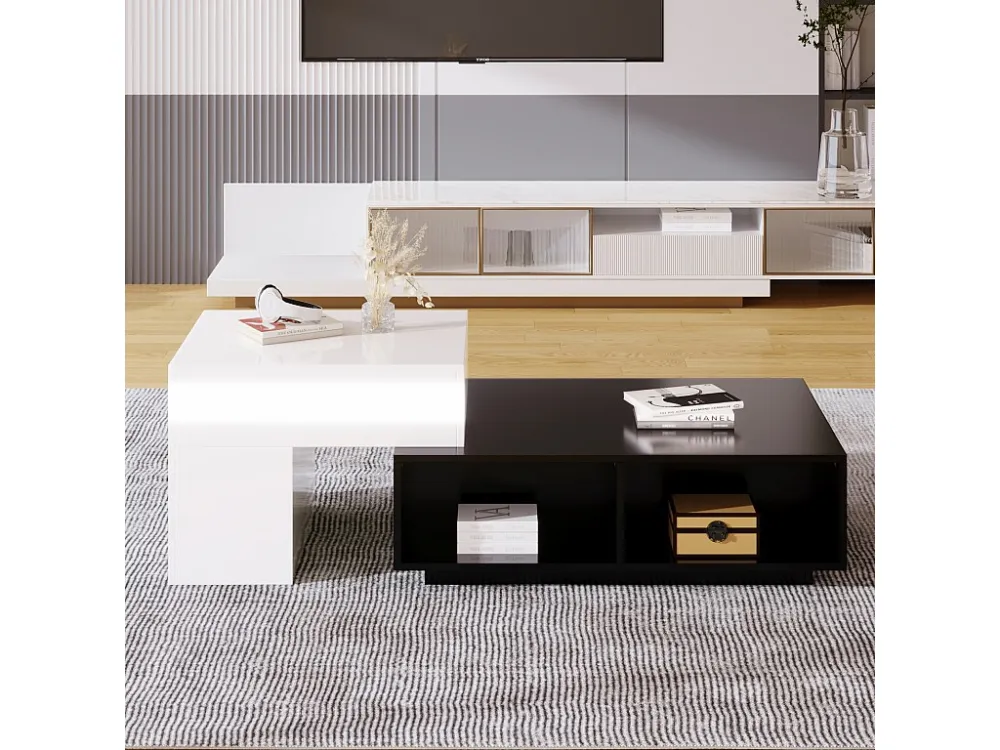 Lot de 2 table basse gigogne, avec fonction de levage, compartiments de rangement, 59, 5x43x50+90x60x28cm noir et blanc