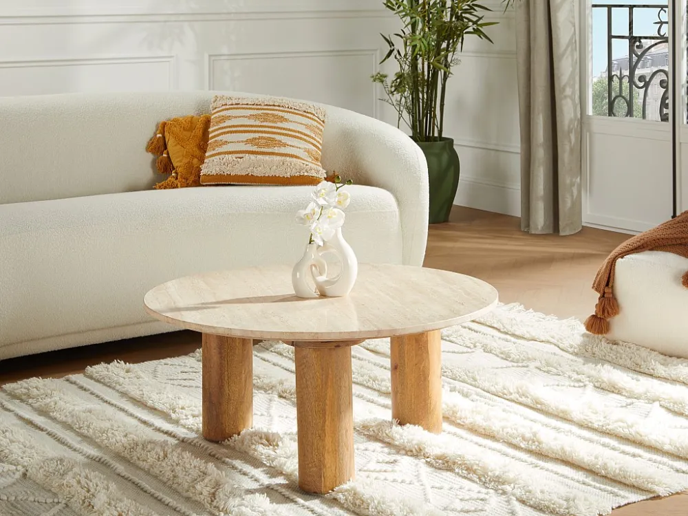 Salontafel mangohout en travertijn - Beige en houtlook - LISAVO Maison Céphy