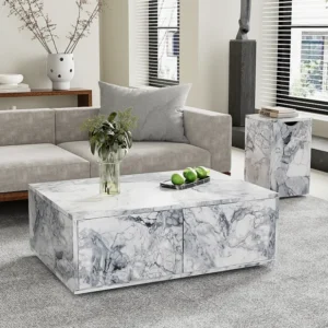 Gecombineerde salontafel, set van 2 salontafels - 100x33,5x70cm + 32x32x50cm - Marmereffect - MDF hout - Wit Merax