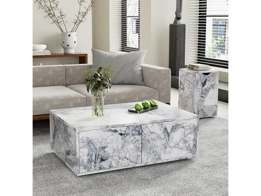 Gecombineerde salontafel, set van 2 salontafels - 100x33,5x70cm + 32x32x50cm - Marmereffect - MDF hout - Wit Merax
