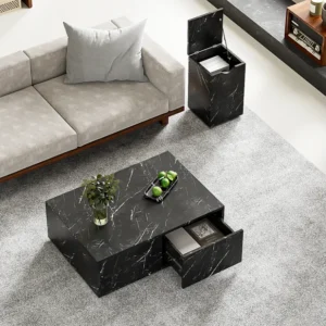 Gecombineerde salontafel, set van 2 salontafels - 100x33,5x70cm+32x32x50cm - Marmereffect - MDF hout - Zwart Merax