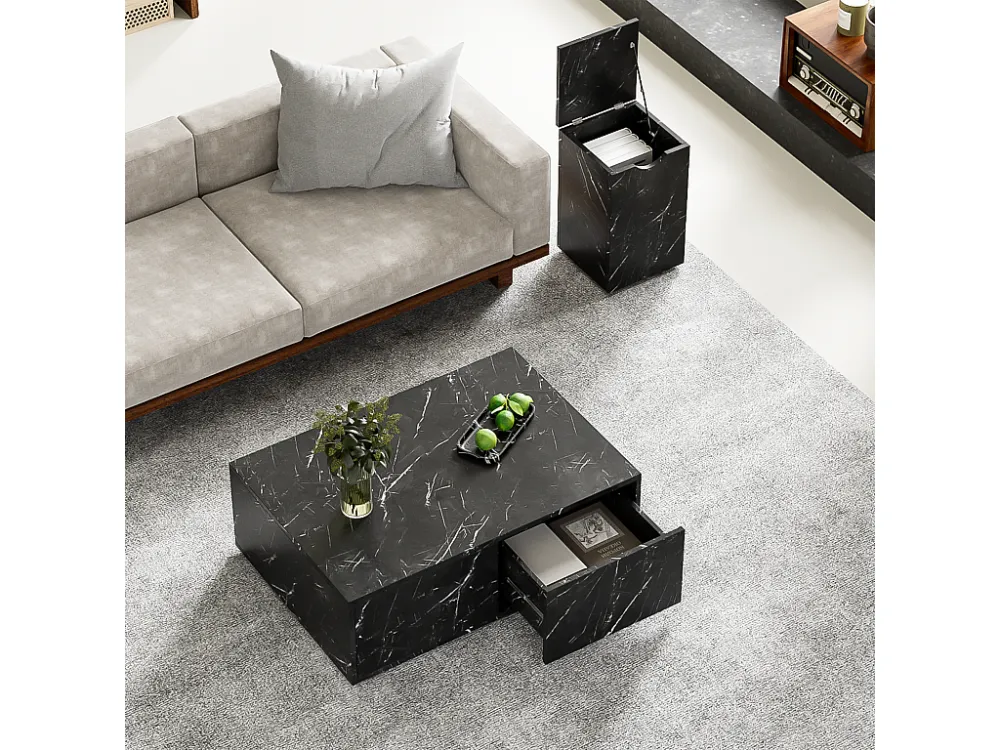 Gecombineerde salontafel, set van 2 salontafels - 100x33,5x70cm+32x32x50cm - Marmereffect - MDF hout - Zwart Merax