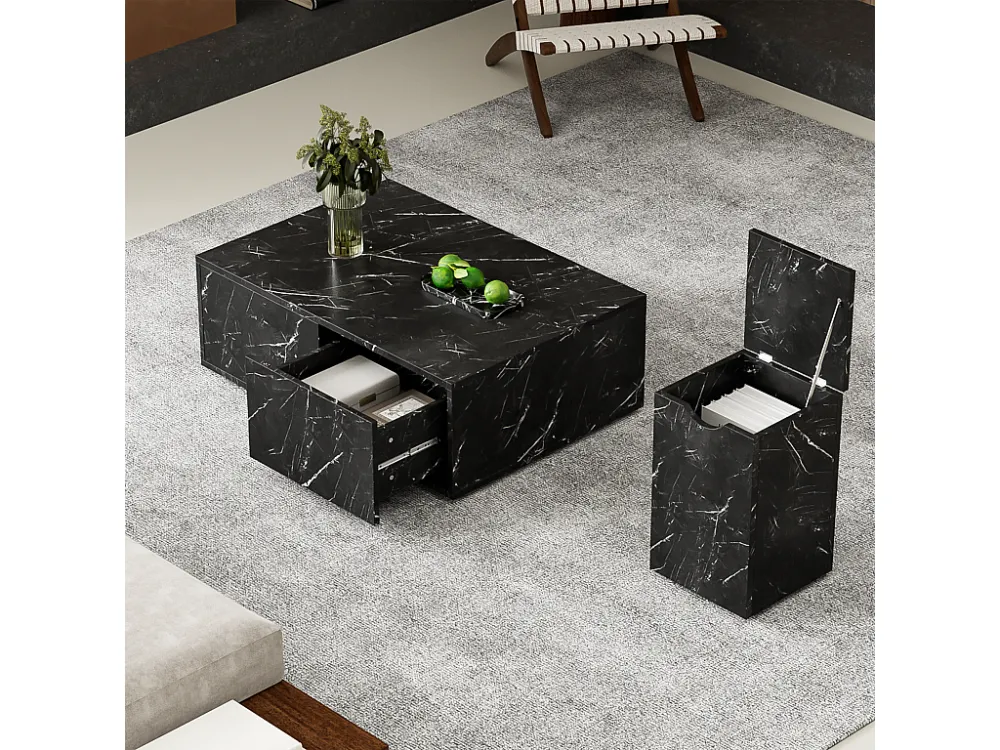 Gecombineerde salontafel, set van 2 salontafels - 100x33,5x70cm+32x32x50cm - Marmereffect - MDF hout - Zwart Merax