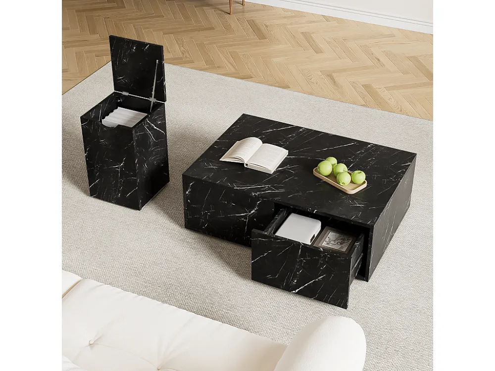 Gecombineerde salontafel, set van 2 salontafels - 100x33,5x70cm+32x32x50cm - Marmereffect - MDF hout - Zwart Merax