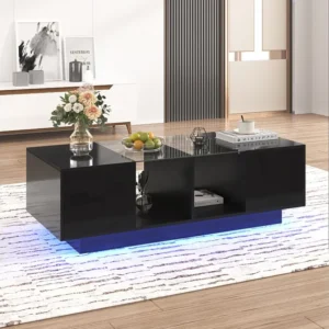 Hoogglans salontafel met 2 deuren, glazen plank, LED's, spaanplaat hout, zwart Merax