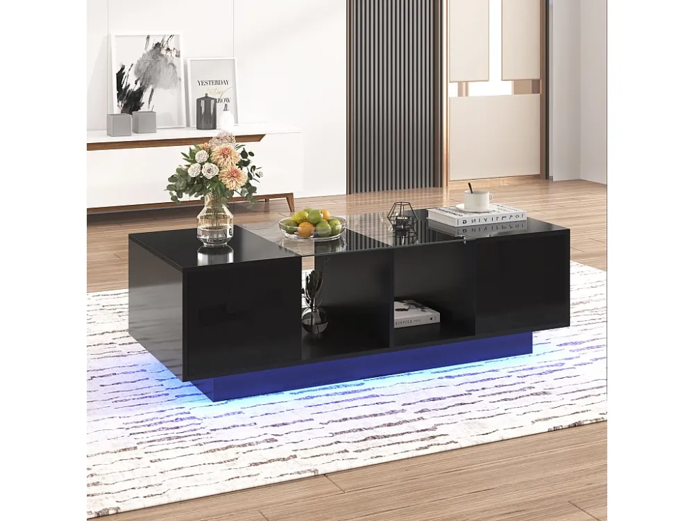 Hoogglans salontafel met 2 deuren, glazen plank, LED's, spaanplaat hout, zwart Merax