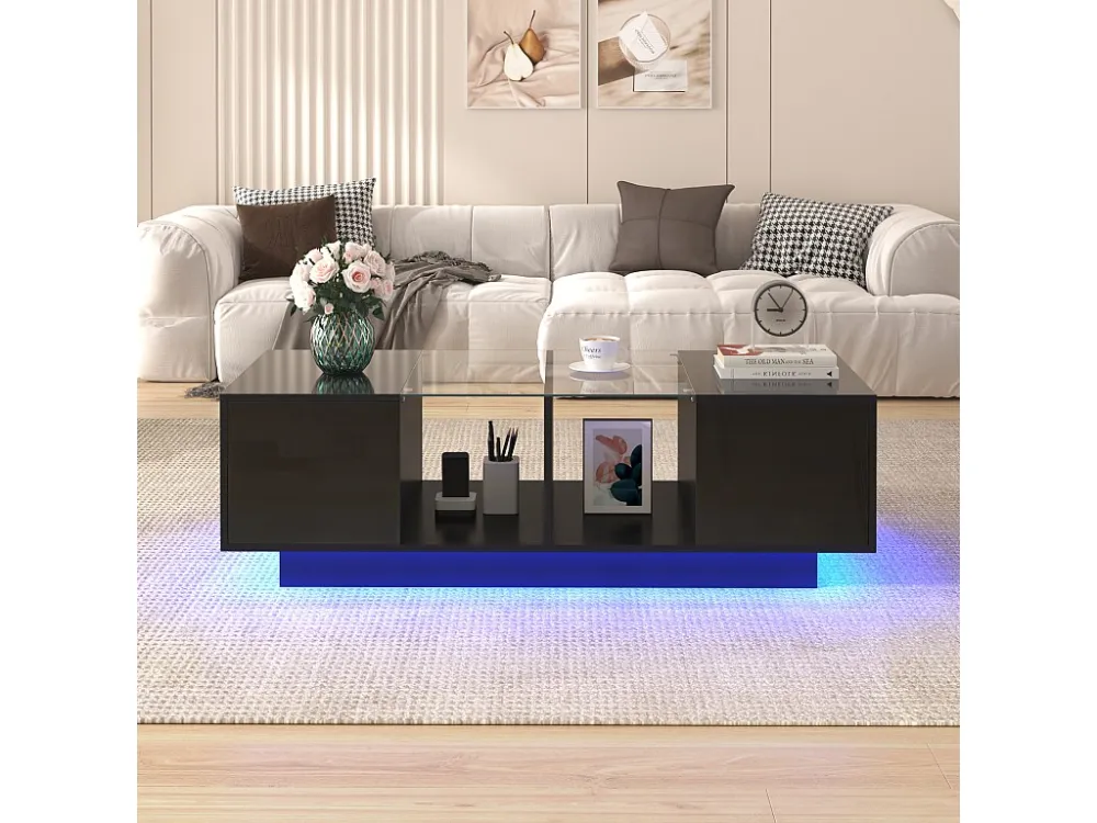 Hoogglans salontafel met 2 deuren, glazen plank, LED's, spaanplaat hout, zwart Merax