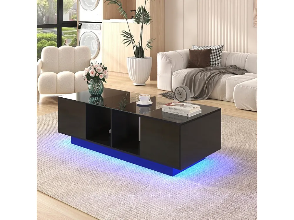 Hoogglans salontafel met 2 deuren, glazen plank, LED's, spaanplaat hout, zwart Merax