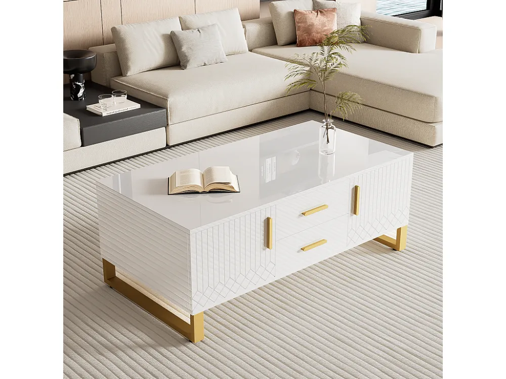 Hoogglans salontafel met 2 lades, 2 deuren en nis - 107 x 55 x 40,5 cm - Spaanplaat en goud metaal - Wit Merax
